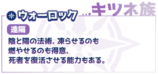 キツネ族、ウォーロック（遠隔）影と陽の法術、凍らせるのも燃やせるのも得意、死者を復活させる能力もある。